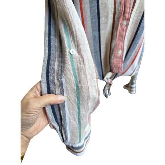 HARPER Linen Striped Button Up Tie Front Roll Cuff Sleeve Top Women's Size S - Picture 5 of 6